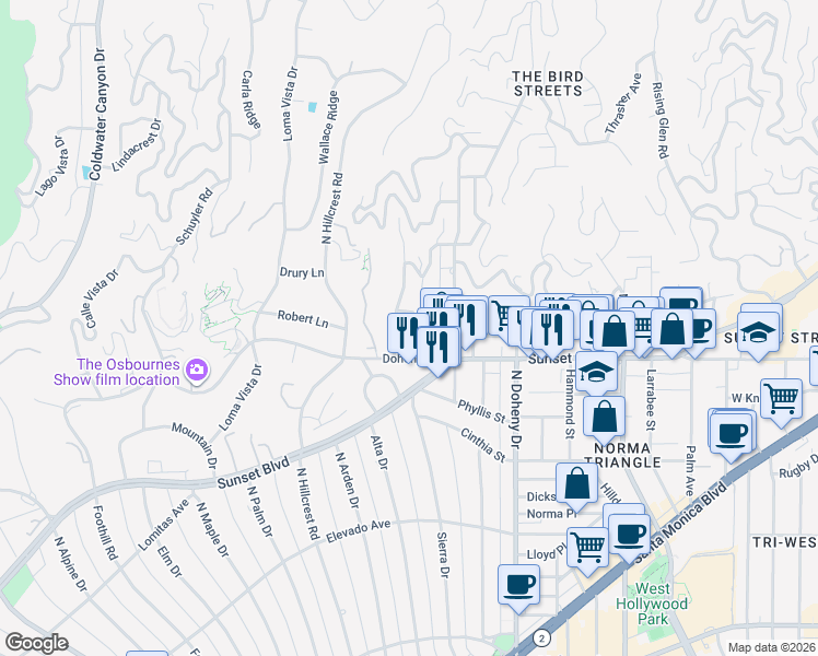 map of restaurants, bars, coffee shops, grocery stores, and more near 1135 Sunset Vale Avenue in Los Angeles