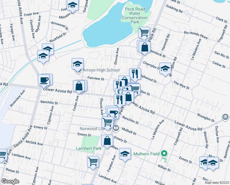map of restaurants, bars, coffee shops, grocery stores, and more near 11565 Lower Azusa Road in El Monte
