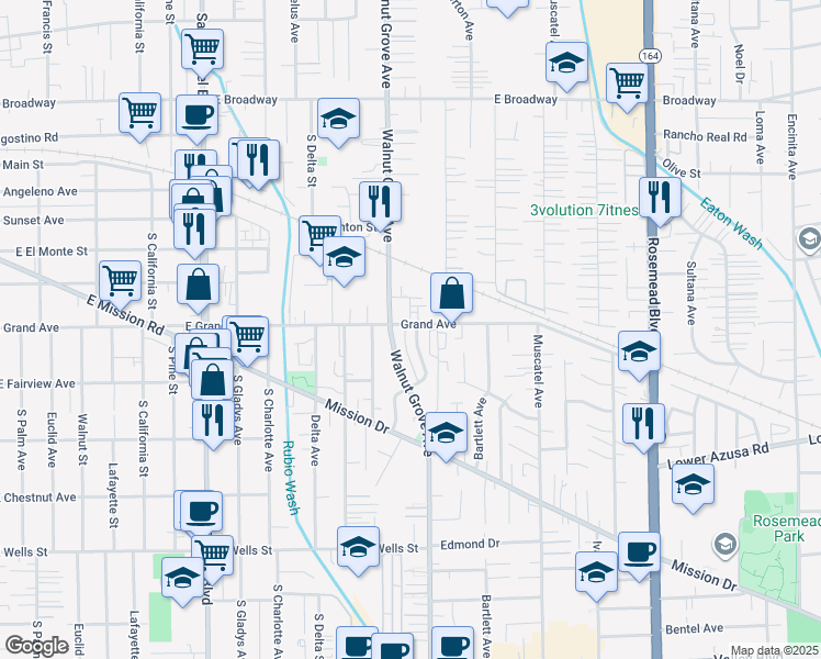 map of restaurants, bars, coffee shops, grocery stores, and more near 8517 Grand Avenue in Rosemead