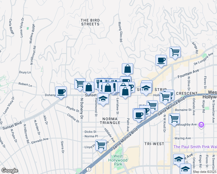 map of restaurants, bars, coffee shops, grocery stores, and more near 1133 North Clark Street in West Hollywood