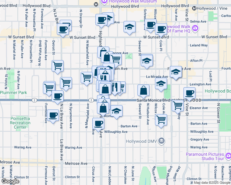 map of restaurants, bars, coffee shops, grocery stores, and more near 1127 North Las Palmas Avenue in Los Angeles