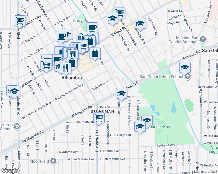 map of restaurants, bars, coffee shops, grocery stores, and more near 120 East Beacon Street in Alhambra