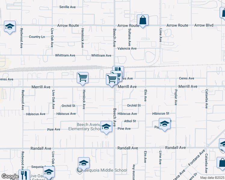 map of restaurants, bars, coffee shops, grocery stores, and more near 8922 Beech Avenue in Fontana
