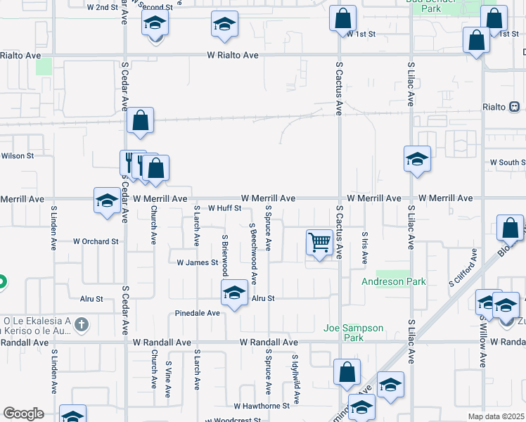 map of restaurants, bars, coffee shops, grocery stores, and more near 519 South Beechwood Avenue in Rialto