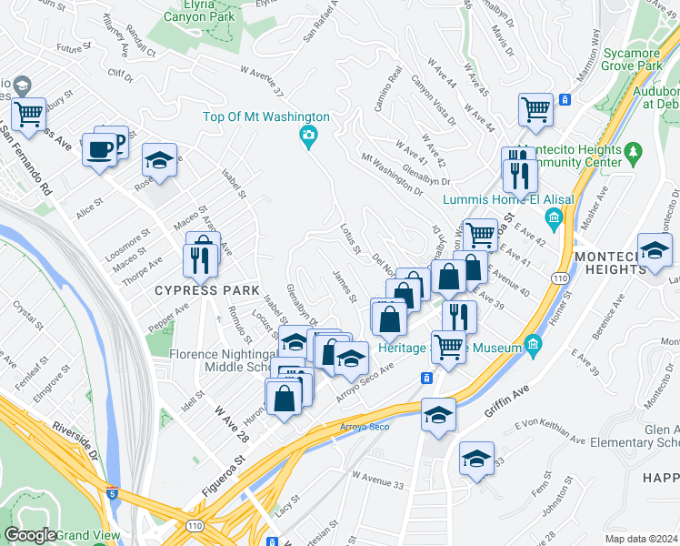 map of restaurants, bars, coffee shops, grocery stores, and more near 447 James Street in Los Angeles