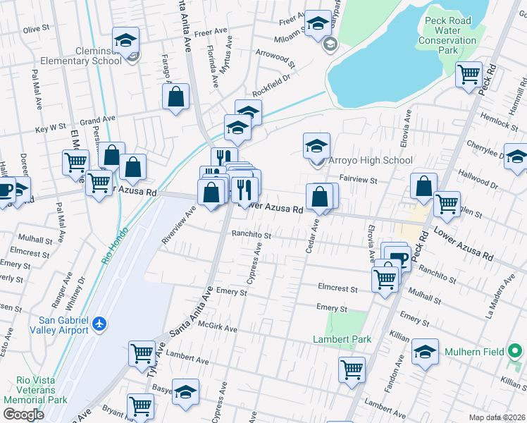 map of restaurants, bars, coffee shops, grocery stores, and more near 11058 Lower Azusa Road in El Monte