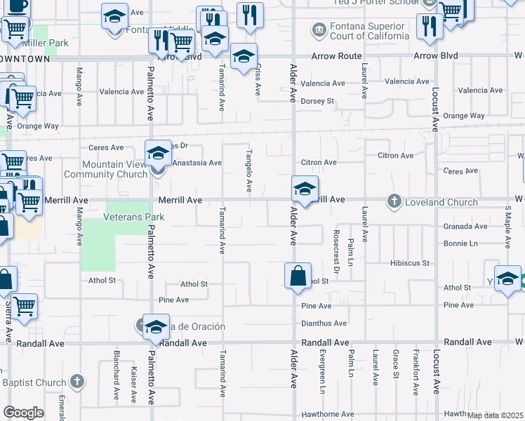 map of restaurants, bars, coffee shops, grocery stores, and more near 8930 Boxwood Avenue in Fontana