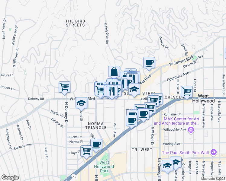 map of restaurants, bars, coffee shops, grocery stores, and more near 8788 Shoreham Drive in West Hollywood