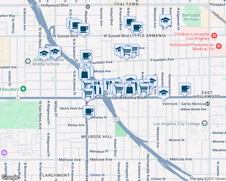 map of restaurants, bars, coffee shops, grocery stores, and more near 5322 Virginia Avenue in Los Angeles