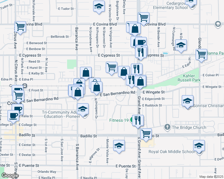 map of restaurants, bars, coffee shops, grocery stores, and more near 723 East San Bernardino Road in Covina