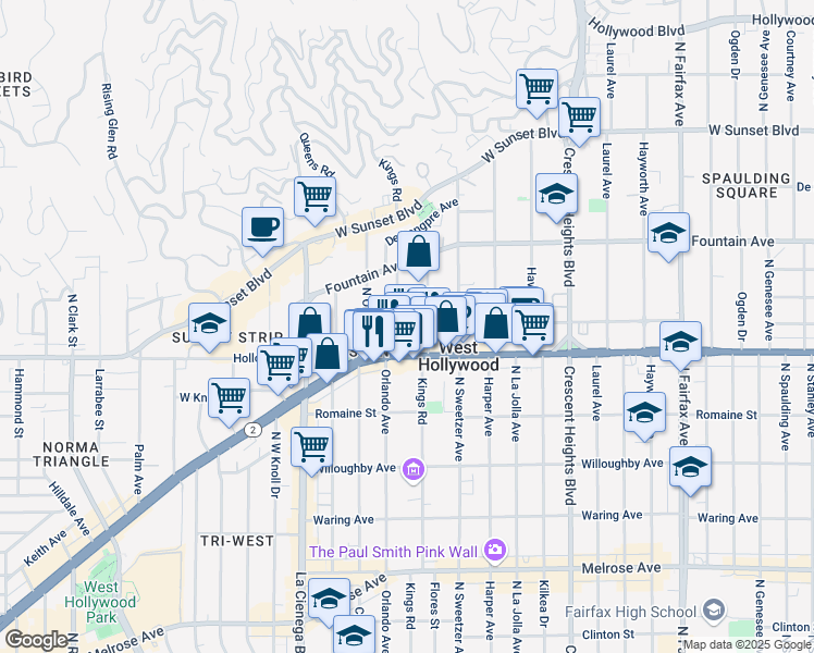 map of restaurants, bars, coffee shops, grocery stores, and more near 1124 Kings Road in West Hollywood