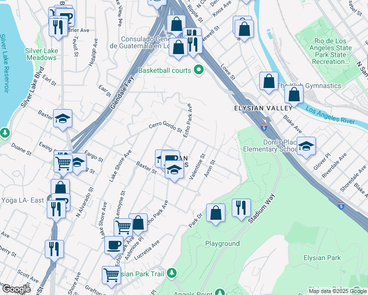 map of restaurants, bars, coffee shops, grocery stores, and more near 2210 Echo Park Avenue in Los Angeles
