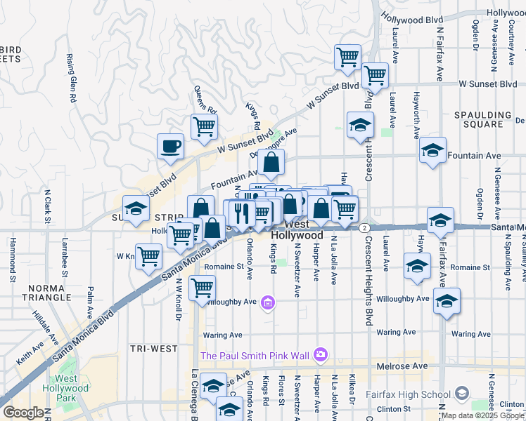 map of restaurants, bars, coffee shops, grocery stores, and more near 1124 Kings Road in West Hollywood