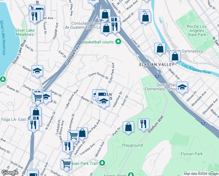 map of restaurants, bars, coffee shops, grocery stores, and more near 2210 Echo Park Avenue in Los Angeles