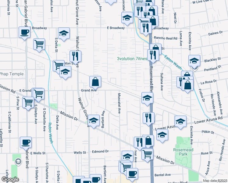 map of restaurants, bars, coffee shops, grocery stores, and more near 8732 Grand Avenue in Rosemead