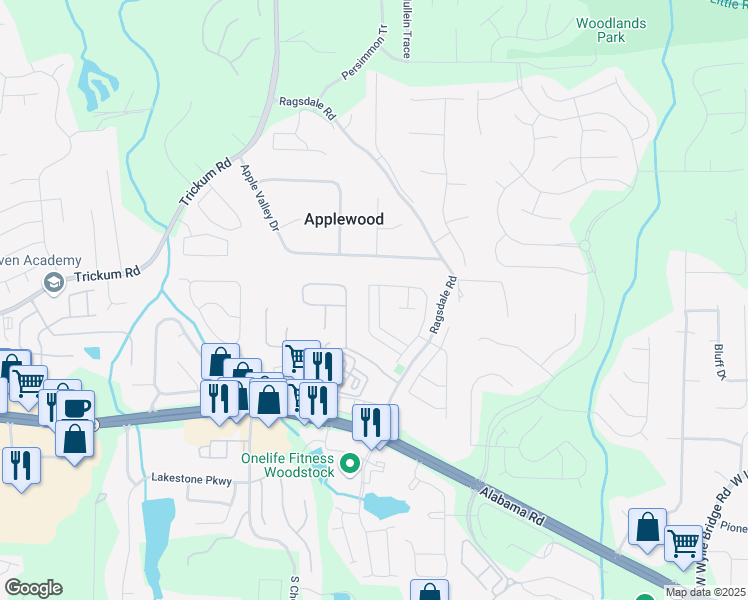 map of restaurants, bars, coffee shops, grocery stores, and more near 406 Parkstone Drive in Woodstock