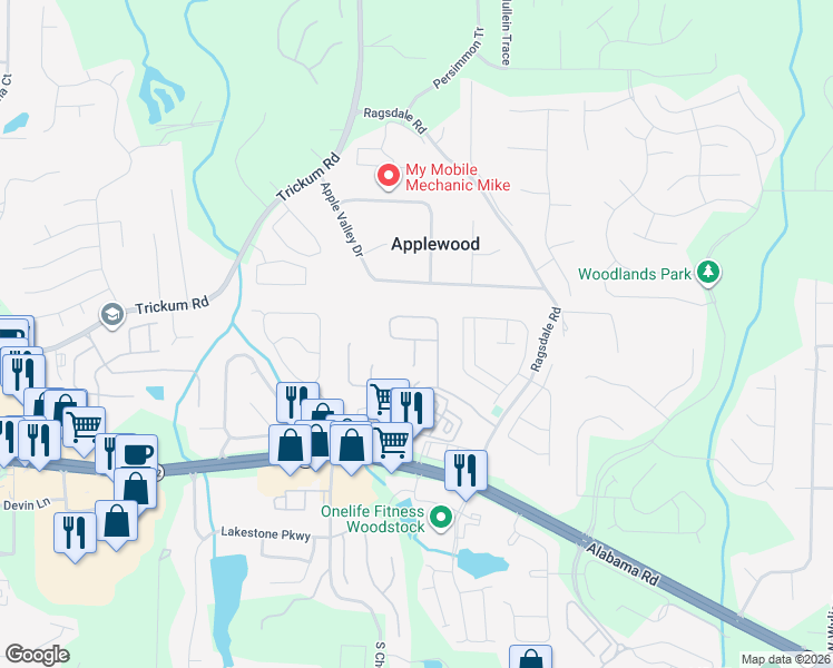 map of restaurants, bars, coffee shops, grocery stores, and more near 253 Weatherstone Drive in Woodstock