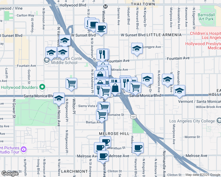 map of restaurants, bars, coffee shops, grocery stores, and more near 5442 Virginia Avenue in Los Angeles