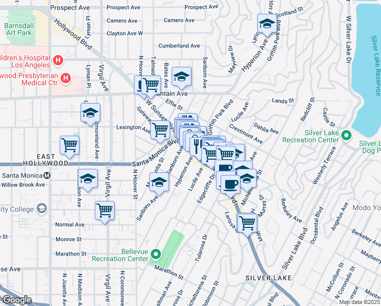 map of restaurants, bars, coffee shops, grocery stores, and more near in Los Angeles