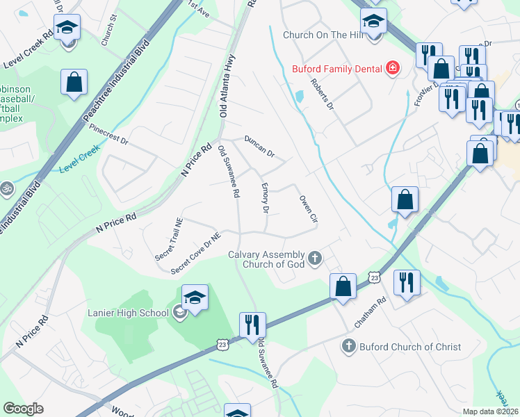 map of restaurants, bars, coffee shops, grocery stores, and more near 4474 Emory Drive in Sugar Hill