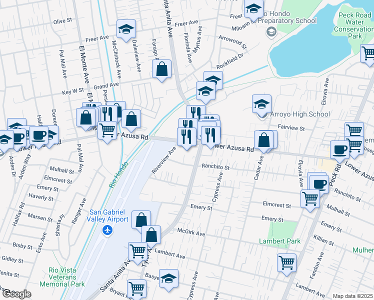 map of restaurants, bars, coffee shops, grocery stores, and more near 10990 Lower Azusa Road in El Monte