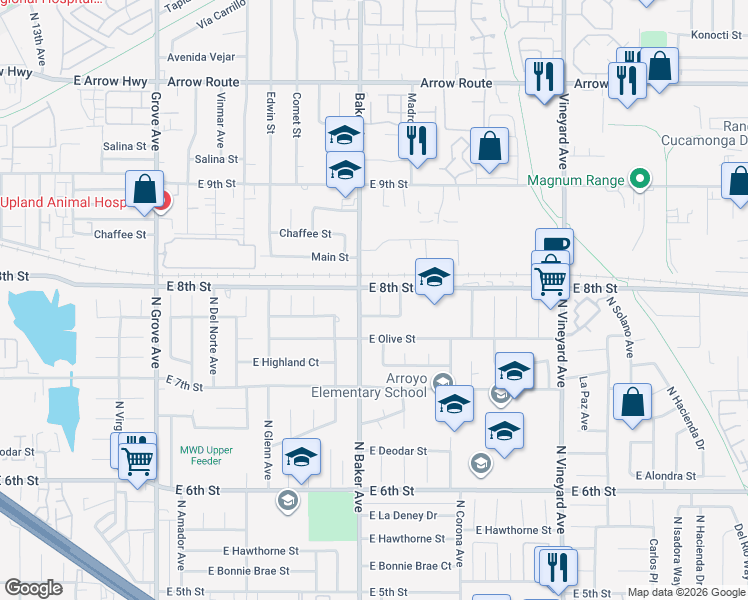 map of restaurants, bars, coffee shops, grocery stores, and more near 1854 North Baker Avenue in Ontario