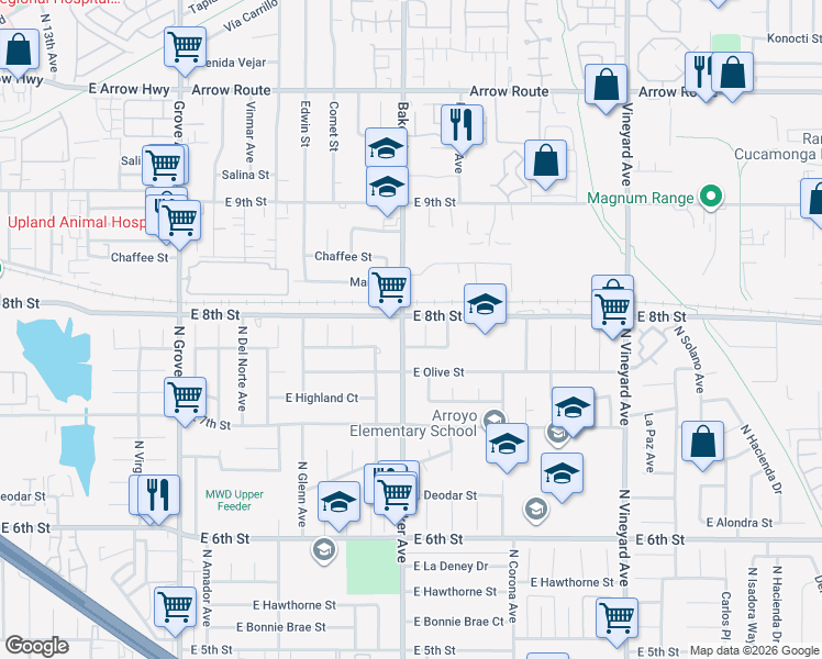 map of restaurants, bars, coffee shops, grocery stores, and more near 1854 North Baker Avenue in Ontario