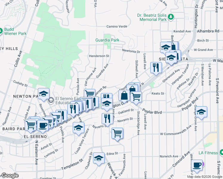 map of restaurants, bars, coffee shops, grocery stores, and more near 4052 Barrett Road in Los Angeles