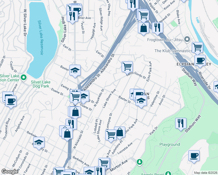 map of restaurants, bars, coffee shops, grocery stores, and more near 2074 Cerro Gordo Street in Los Angeles