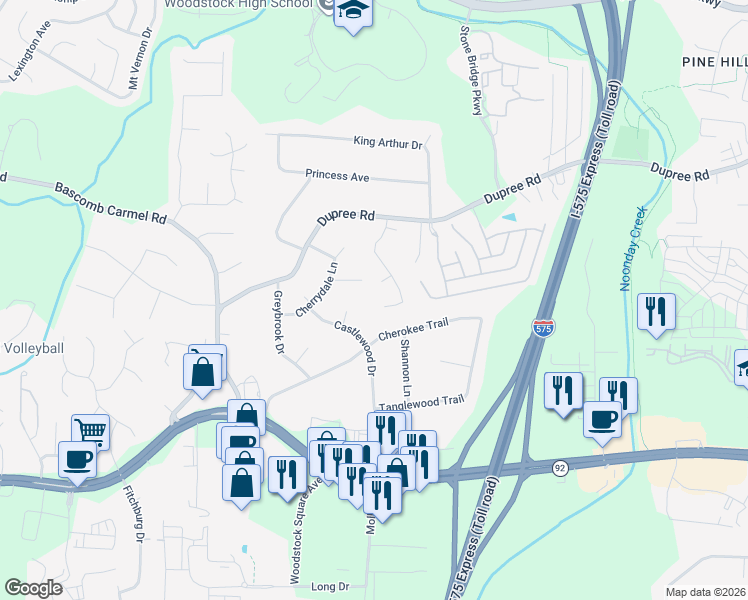 map of restaurants, bars, coffee shops, grocery stores, and more near 124 Lexington Parke Drive in Woodstock