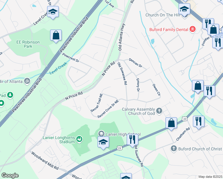 map of restaurants, bars, coffee shops, grocery stores, and more near 1192 Secret Trail Northeast in Sugar Hill