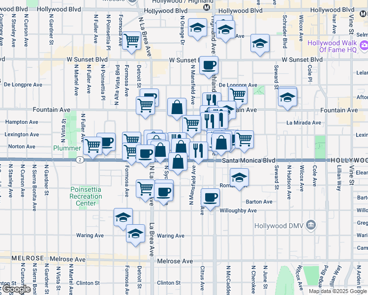 map of restaurants, bars, coffee shops, grocery stores, and more near 1130 North Orange Drive in Los Angeles