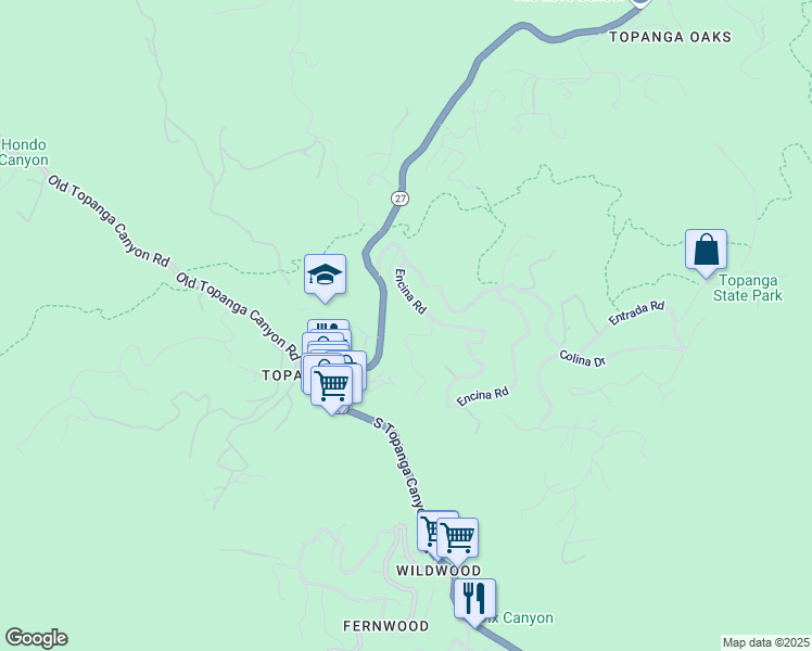 map of restaurants, bars, coffee shops, grocery stores, and more near 231 Muerdago Road in Topanga