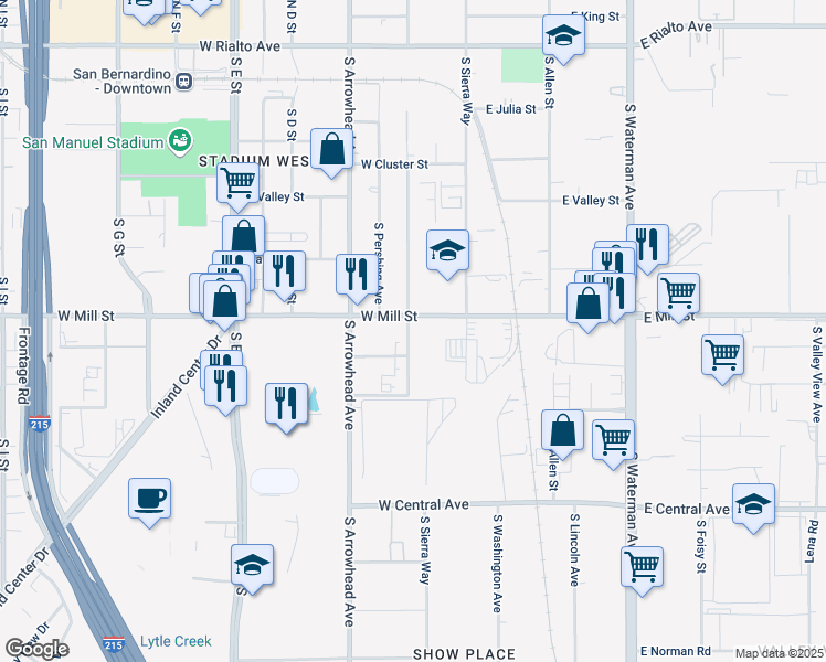 map of restaurants, bars, coffee shops, grocery stores, and more near 199 West Mill Street in San Bernardino