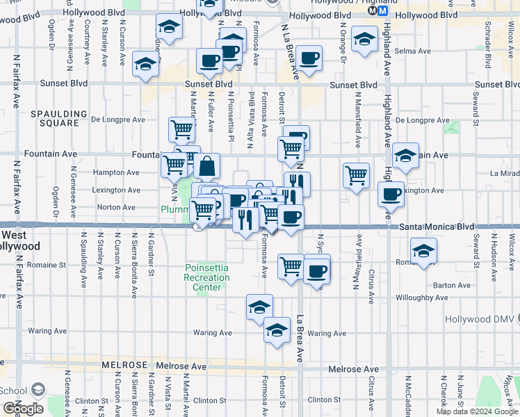 map of restaurants, bars, coffee shops, grocery stores, and more near 1131 North Formosa Avenue in West Hollywood