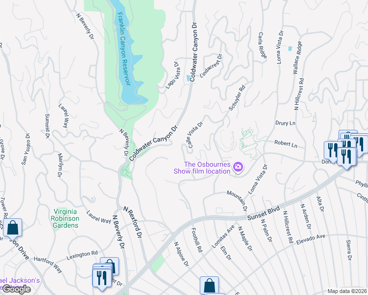map of restaurants, bars, coffee shops, grocery stores, and more near 1116 Calle Vista Drive in Beverly Hills