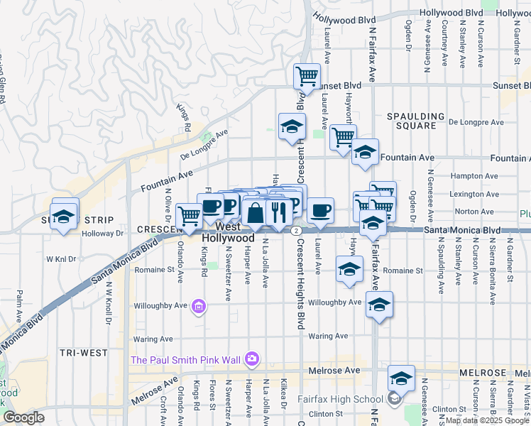 map of restaurants, bars, coffee shops, grocery stores, and more near 8220 Norton Avenue in West Hollywood