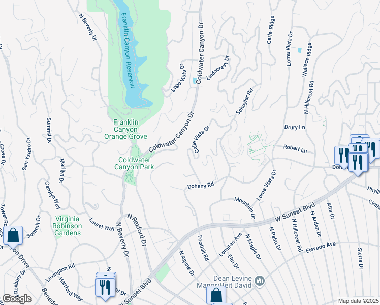 map of restaurants, bars, coffee shops, grocery stores, and more near 1116 Calle Vista Drive in Beverly Hills