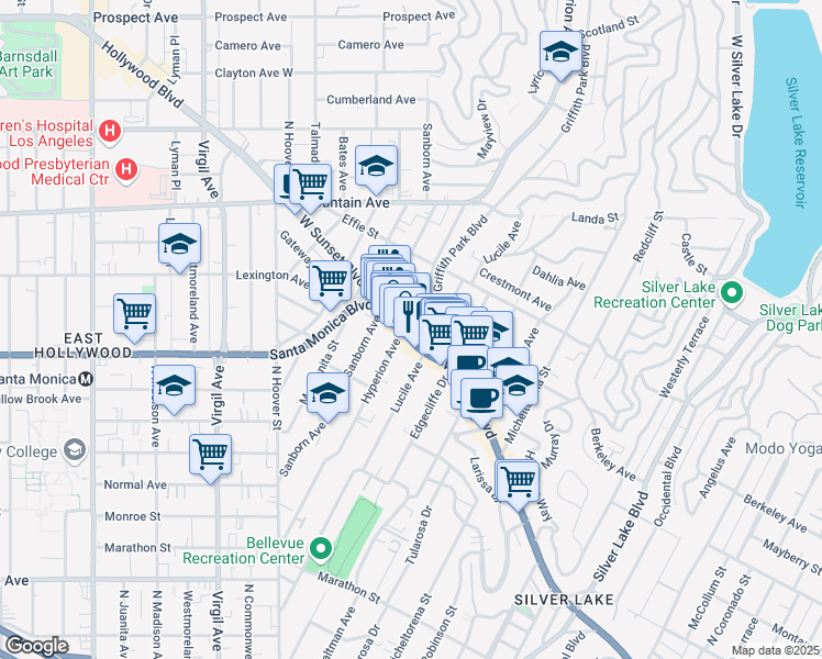 map of restaurants, bars, coffee shops, grocery stores, and more near 3827 Sunset Boulevard in Los Angeles