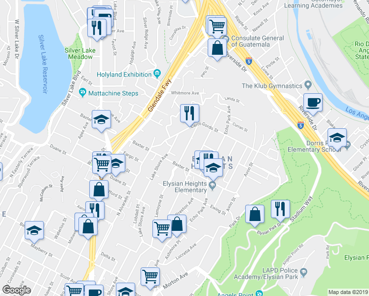 map of restaurants, bars, coffee shops, grocery stores, and more near 2143 Lemoyne Street in Los Angeles