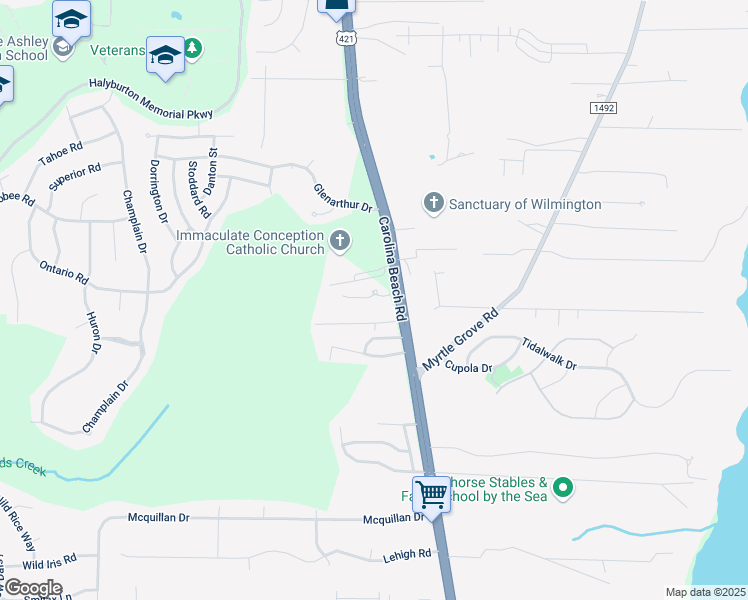 map of restaurants, bars, coffee shops, grocery stores, and more near 6724 Carolina Beach Road in Wilmington