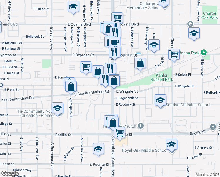 map of restaurants, bars, coffee shops, grocery stores, and more near 601 North Grand Avenue in Covina