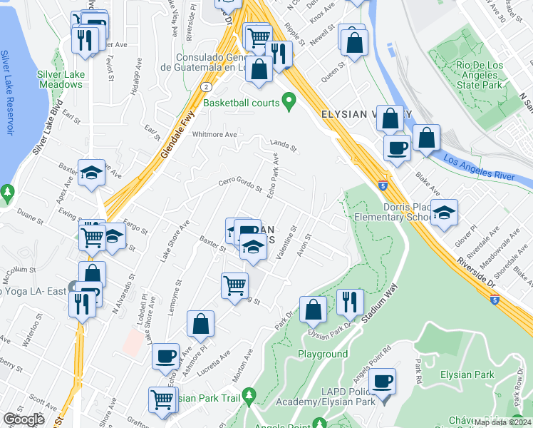 map of restaurants, bars, coffee shops, grocery stores, and more near 2210 Echo Park Avenue in Los Angeles