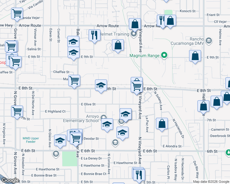 map of restaurants, bars, coffee shops, grocery stores, and more near 8720 8th Street in Rancho Cucamonga