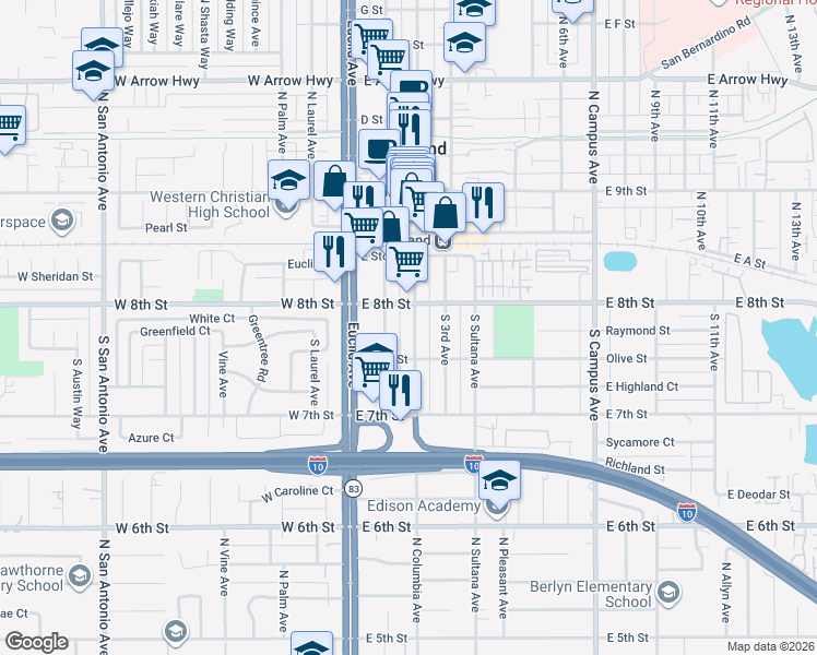 map of restaurants, bars, coffee shops, grocery stores, and more near 241 South 2nd Avenue in Upland