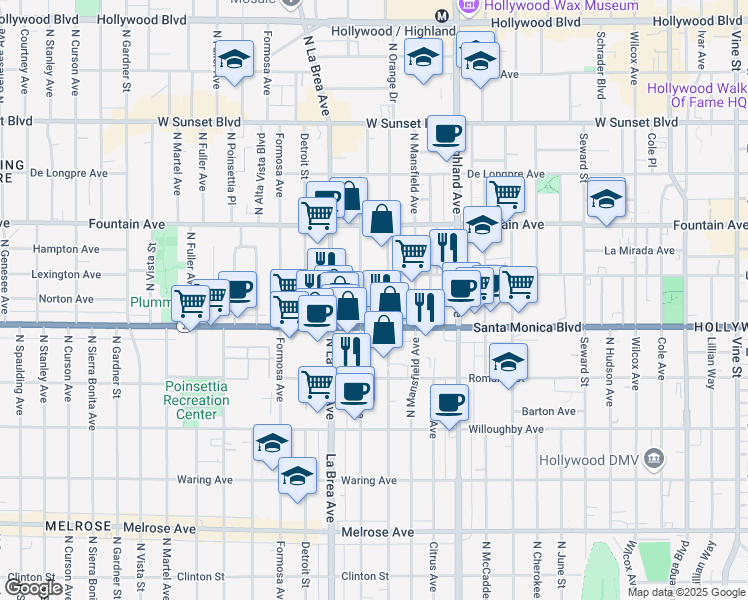 map of restaurants, bars, coffee shops, grocery stores, and more near 1134 North Sycamore Avenue in Los Angeles