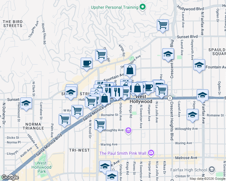map of restaurants, bars, coffee shops, grocery stores, and more near 1121 North Olive Drive in West Hollywood