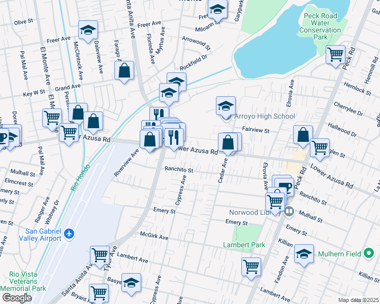 map of restaurants, bars, coffee shops, grocery stores, and more near 11057 Lower Azusa Road in El Monte