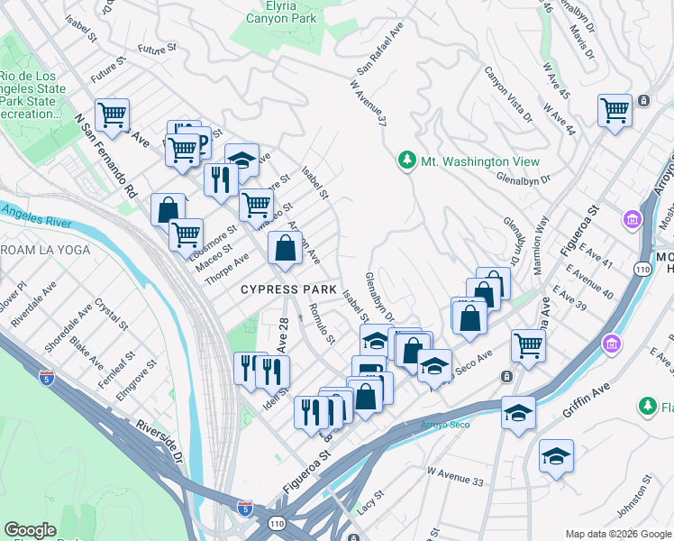 map of restaurants, bars, coffee shops, grocery stores, and more near 706 Isabel Street in Los Angeles