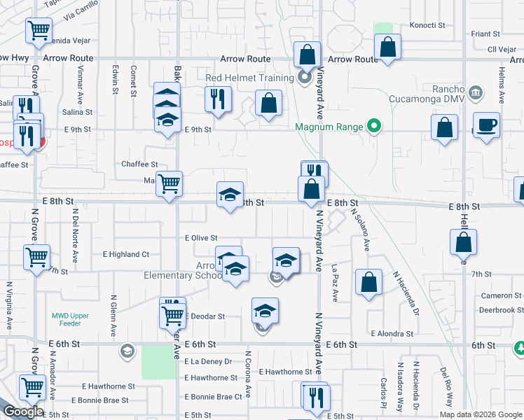 map of restaurants, bars, coffee shops, grocery stores, and more near 8720 8th Street in Rancho Cucamonga